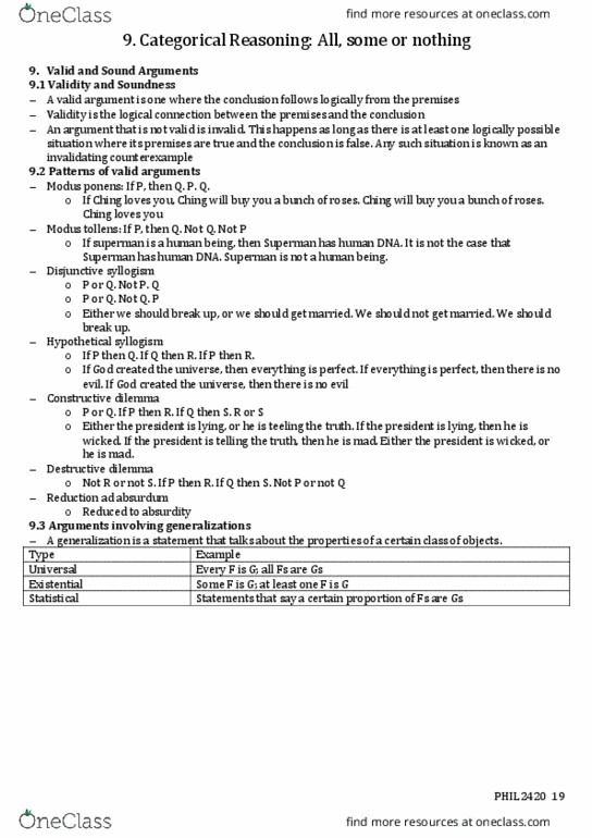 PHIL2420 Chapter Notes - Chapter 9: Reductio Ad Absurdum, Modus Tollens, Modus Ponens thumbnail