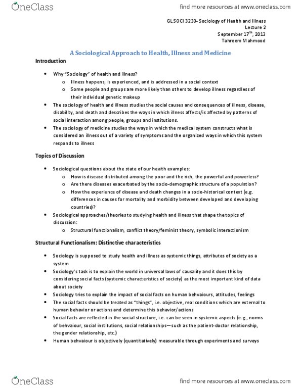 SOCI 3645 Lecture Notes - Allopathic Medicine, Sick Role, Social Fact thumbnail