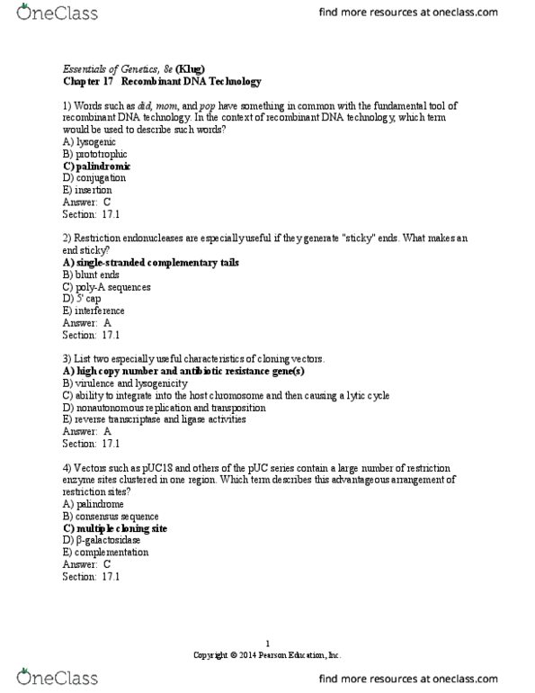 BIOL-2011EL Chapter Notes - Chapter 17: Molecular Genetics, Ecori, Restriction Digest thumbnail