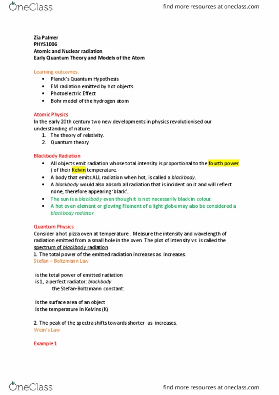 PHYS1006 Lecture Notes - Lecture 18: Work Function, Sunburn, Mercury-In-Glass Thermometer thumbnail