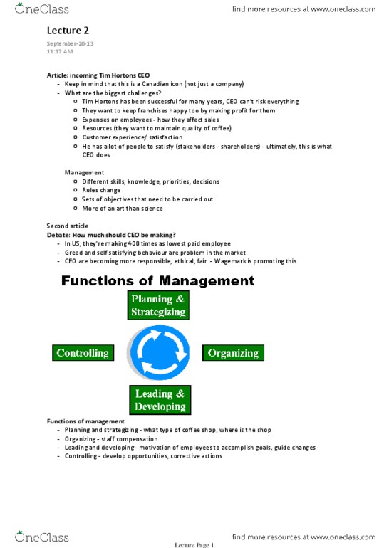 MGM101H5 Lecture Notes - Lecture 2: Tim Hortons, Henri Fayol, Formal System thumbnail