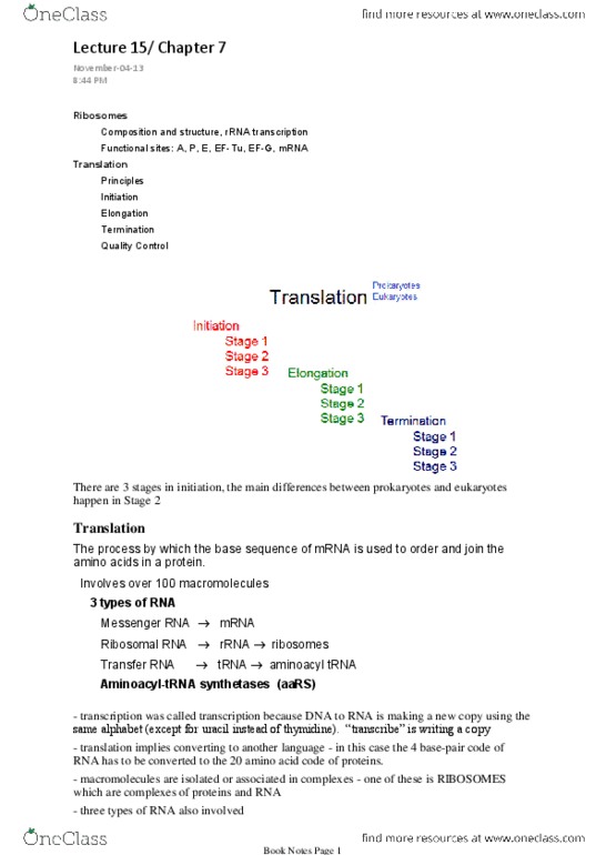 BIO206H5 Lecture Notes - Lecture 15: Aminoacyl Trna Synthetase, Ribosome-Binding Site, 16S Ribosomal Rna thumbnail