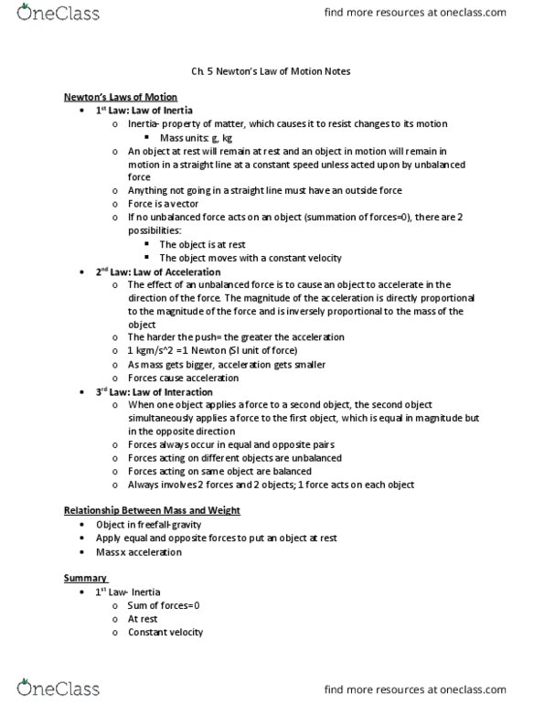PHYS 1051 Lecture 5: Ch. 5 Newton's Laws of Motion Notes thumbnail