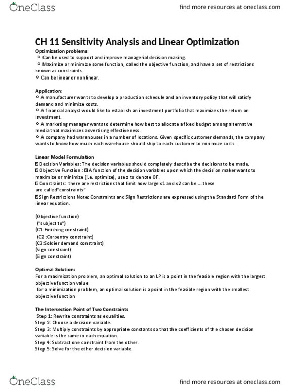 OPRE 3333 Lecture Notes - Lecture 11: Isocost, Sensitivity Analysis, Feasible Region thumbnail