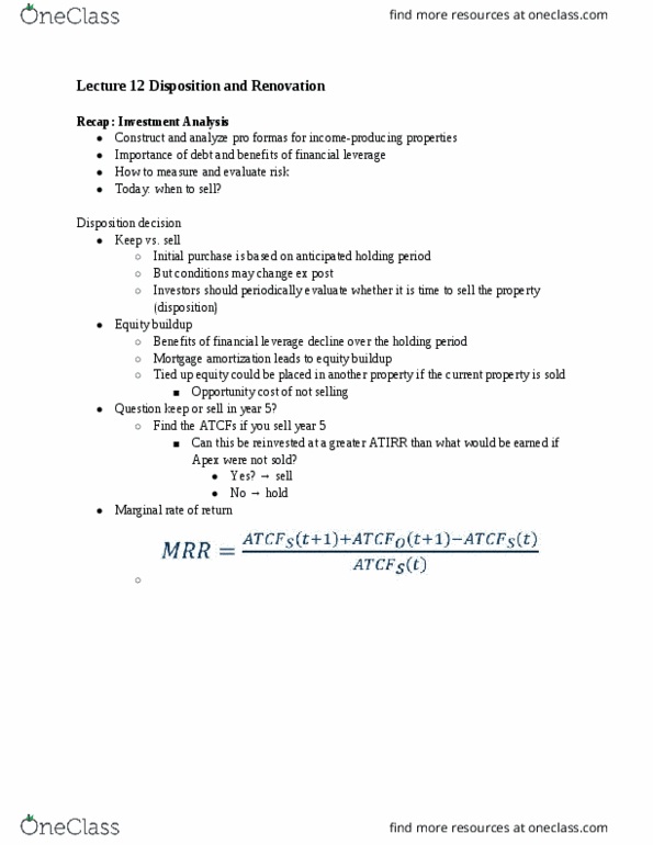 UGBA 180 Lecture Notes - Lecture 12: Refinancing, Deferral, Internal Revenue Code Section 1031 thumbnail