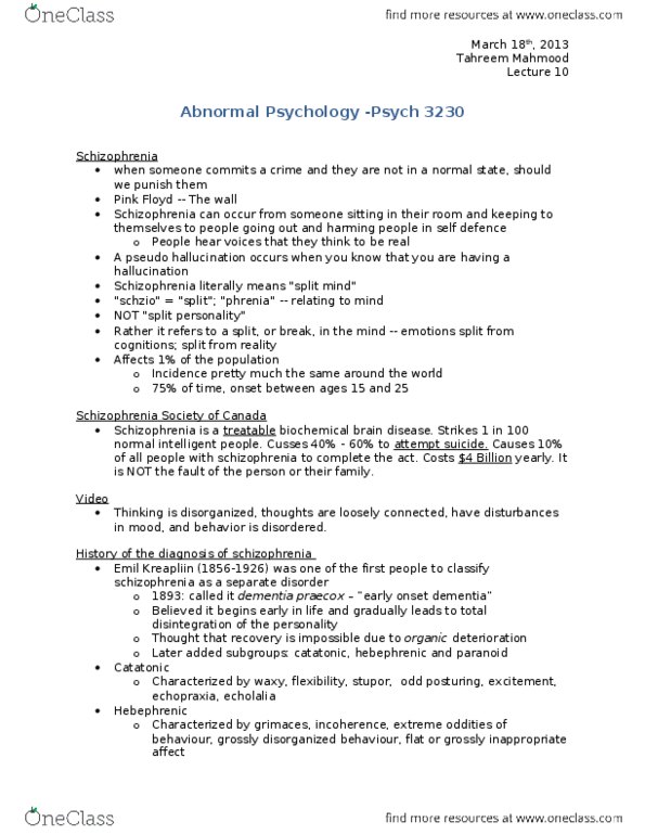 PSYC 3140 Lecture Notes - Lecture 10: Dementia Praecox, Disorganized Schizophrenia, Simple-Type Schizophrenia thumbnail