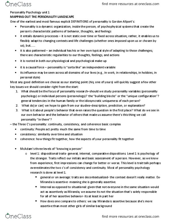 PSY 343 Lecture Notes - Lecture 1: Cognitive Dissonance, Nomothetic, Factor Analysis thumbnail