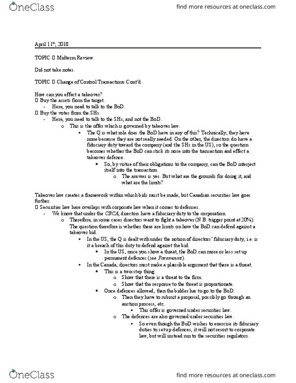 CCFC 513 Lecture Notes - Lecture 11: Meddle, Business Judgment Rule, High Standard Manufacturing Company thumbnail