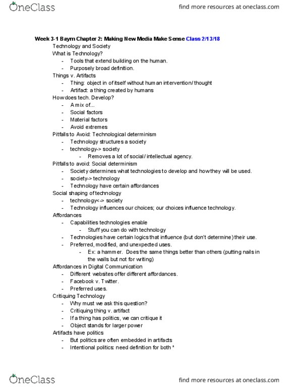 MAC 325 Lecture Notes - Lecture 13: Technological Determinism, Social Determinism thumbnail