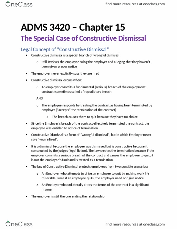 ADMS 3420 Lecture Notes - Lecture 6: Condonation, Saan Stores, Constructive Dismissal thumbnail
