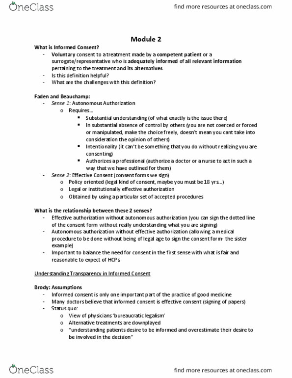 PHIL 2390H Lecture Notes - Lecture 2: Jay Katz, Informed Consent, Status Quo thumbnail