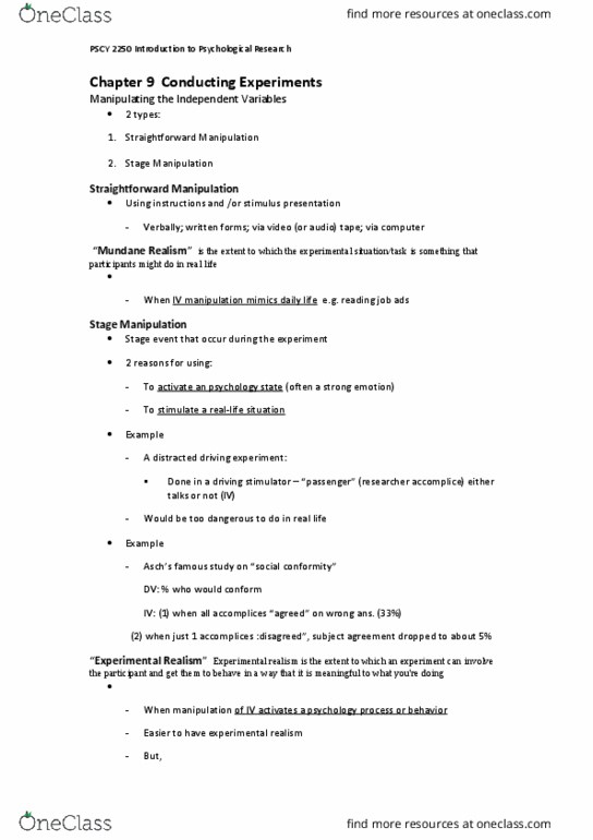 PSYC 2250 Lecture Notes - Lecture 9: Natural Sciences And Engineering Research Council, Mental Chronometry, Demand Characteristics thumbnail