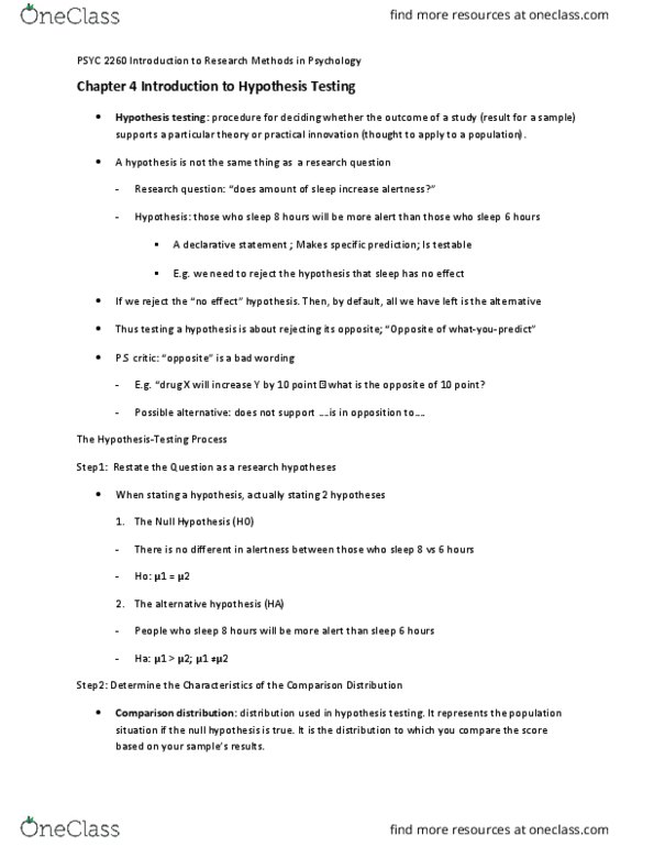 PSYC 2260 Lecture Notes - Lecture 4: Null Hypothesis, Statistical Hypothesis Testing, Research Question thumbnail