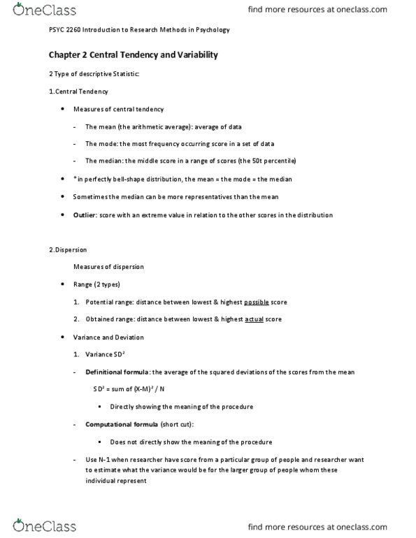 PSYC 2260 Lecture Notes - Lecture 2: Standard Deviation, Central Tendency, Squared Deviations From The Mean thumbnail