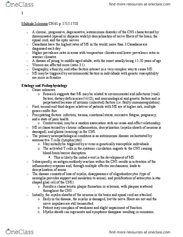 NURS 2003H Chapter Notes - Chapter 61: Cyclophosphamide, Methotrexate, Interferon Beta-1B thumbnail