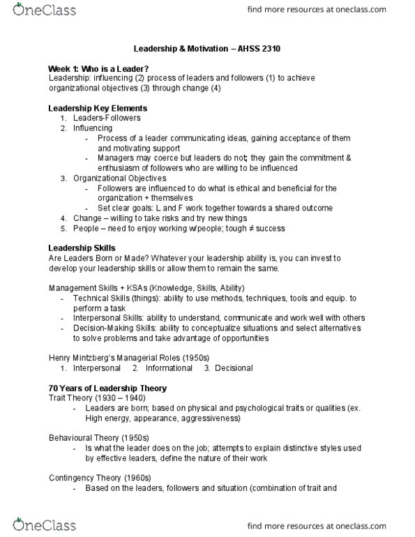 AHSS*2030 Lecture Notes - Lecture 1: Contingency Theory, Trait Theory thumbnail