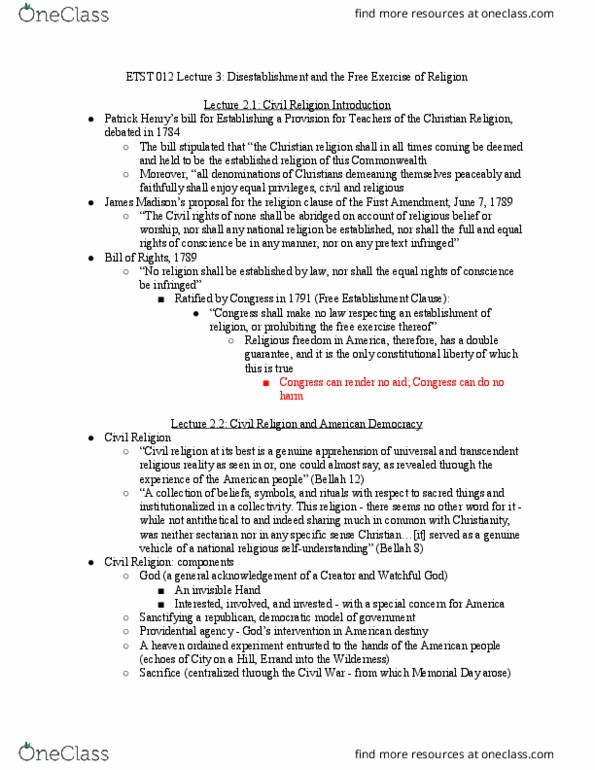 ETST 012 Lecture Notes - Lecture 3: American Civil Religion, Establishment Clause, List Of The Belgariad And The Malloreon Characters thumbnail