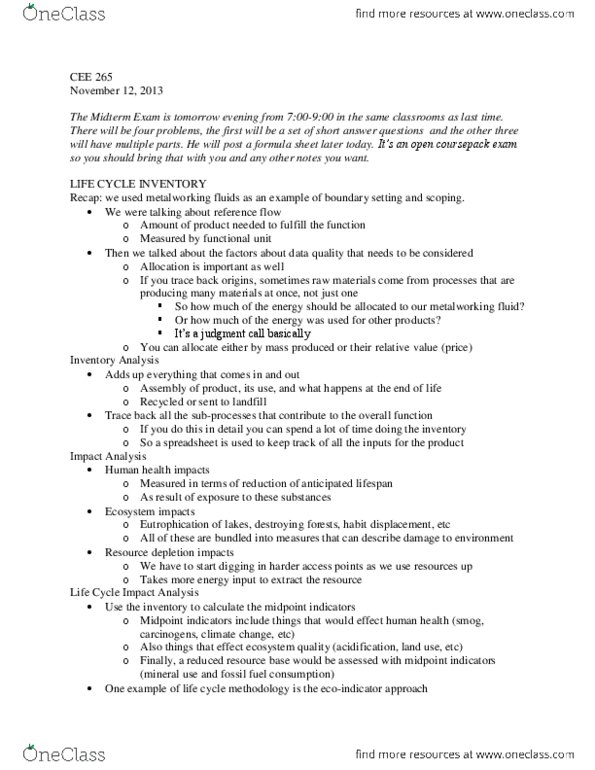 CEE 265 Lecture Notes - Life-Cycle Assessment, Metalworking, Resource Depletion thumbnail