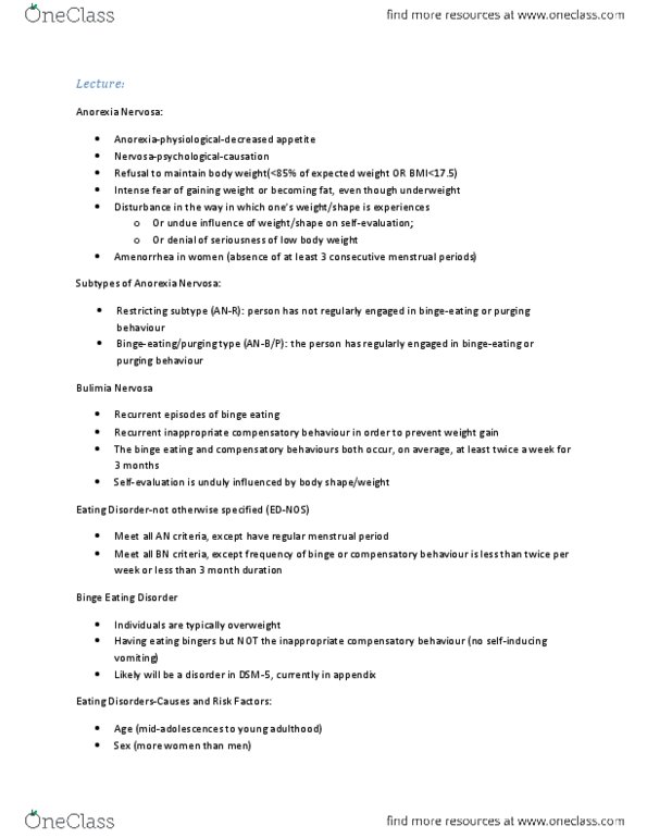 PSYC 3140 Lecture Notes - Binge Eating Disorder, Bulimia Nervosa, Binge Eating thumbnail