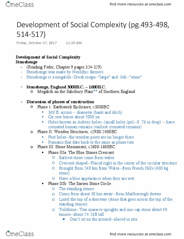 ARCH 112 Lecture Notes - Lecture 3: Durrington Walls, Amesbury Archer, Aubrey Holes thumbnail