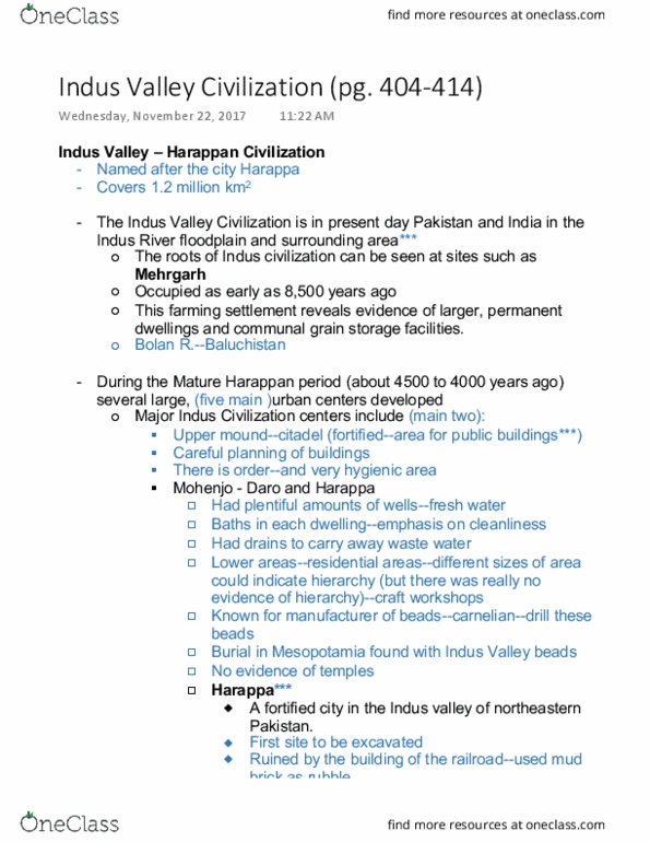 ARCH 112 Lecture Notes - Lecture 14: Indus Valley Civilisation, Indus River, Harappa thumbnail