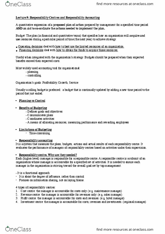 ACCT2102 Lecture Notes - Lecture 9: Income Statement, Operating Budget, Controllability thumbnail