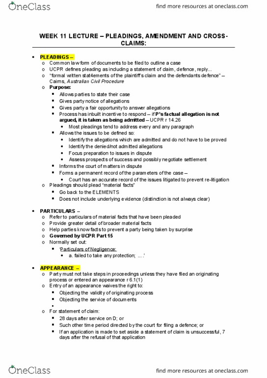 LLB300 Lecture Notes - Lecture 11: Common Rule, Counterclaim, Crossclaim thumbnail