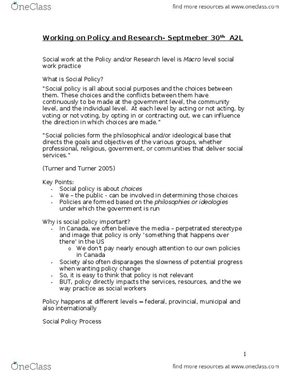 SOCWORK 1A06 Chapter Notes -Canadian Policy Research Networks, Fraser Institute, Canada Council thumbnail