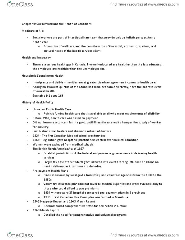 SOCWORK 1A06 Chapter Notes - Chapter 9: Publicly Funded Health Care, Canadian Medical Association, Canada Health Act thumbnail