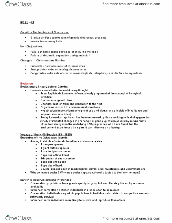 BI111 Lecture Notes - Lecture 5: Natural Selection, Medium Ground Finch, Allele Frequency thumbnail