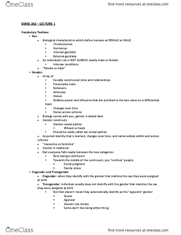 GWSS 262 Lecture Notes - Lecture 1: Asexuality, Hegemonic Masculinity, Bisexuality thumbnail