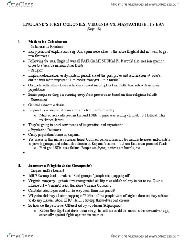 HIS271Y1 Lecture Notes - New England Colonies, Weroance, Opchanacanough thumbnail