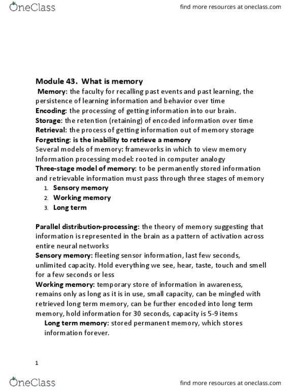 PSYC 1000 Lecture Notes - Lecture 14: Dissociative Disorder, Hermann Ebbinghaus, Episodic Memory thumbnail