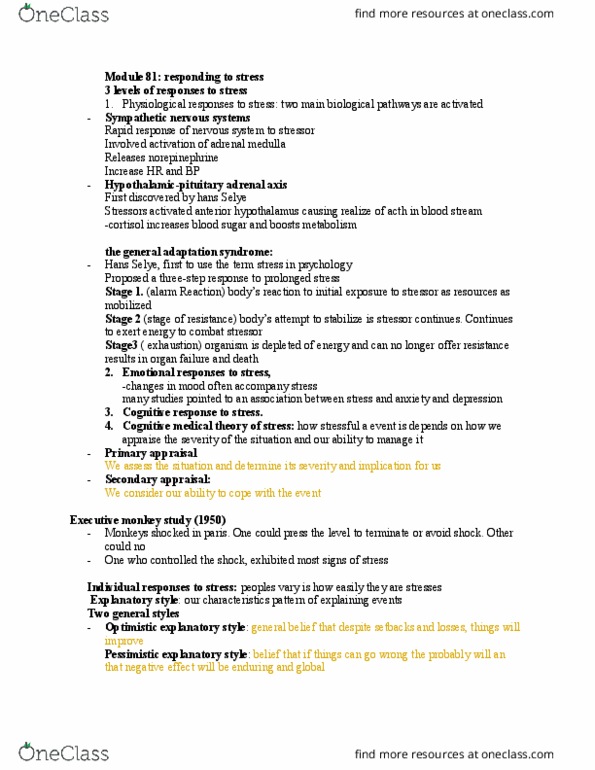 PSYC 1001 Lecture Notes - Lecture 9: Common Cold, Coronary Artery Disease, Psychoneuroimmunology thumbnail