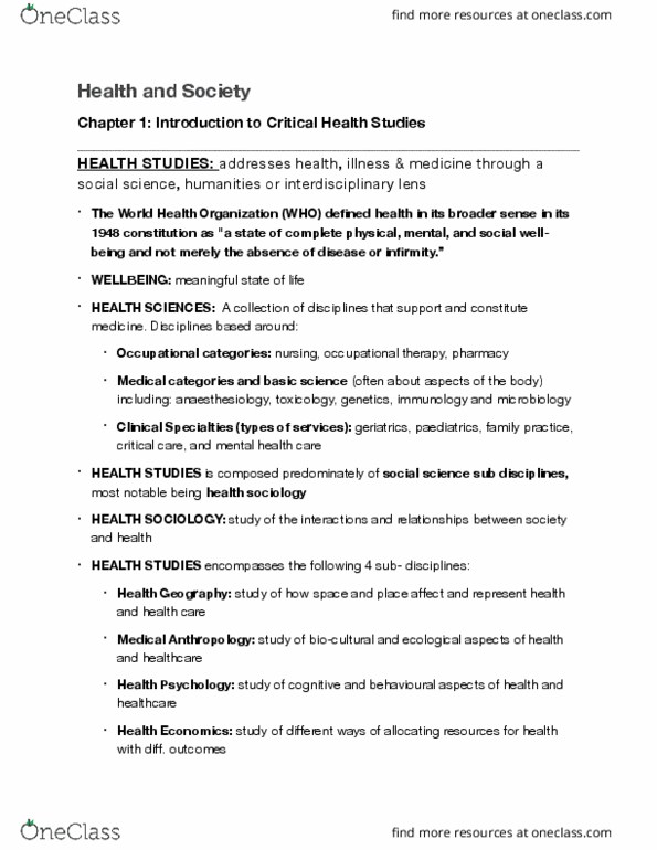 HLTA02H3 Chapter Notes - Chapter 1: Gerontology, World Health Organization, Medical Sociology thumbnail