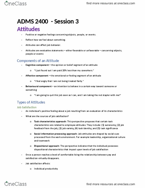 ADMS 2400 Lecture Notes - Lecture 6: Organizational Commitment, Absenteeism, Customer Satisfaction thumbnail