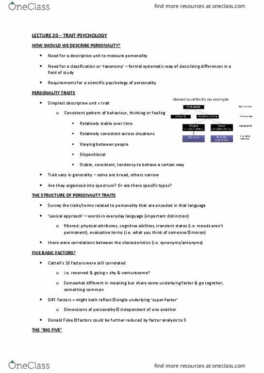 PSYC10004 Lecture Notes - Lecture 20: Psychoticism, Conscientiousness, Hans Eysenck thumbnail