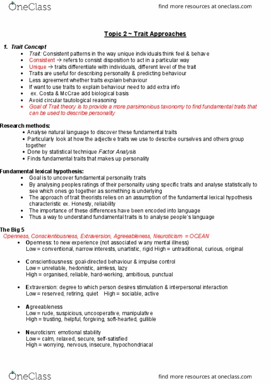 HPS307 Lecture Notes - Lecture 2: Lexical Hypothesis, Extraversion And Introversion, Neuroticism thumbnail