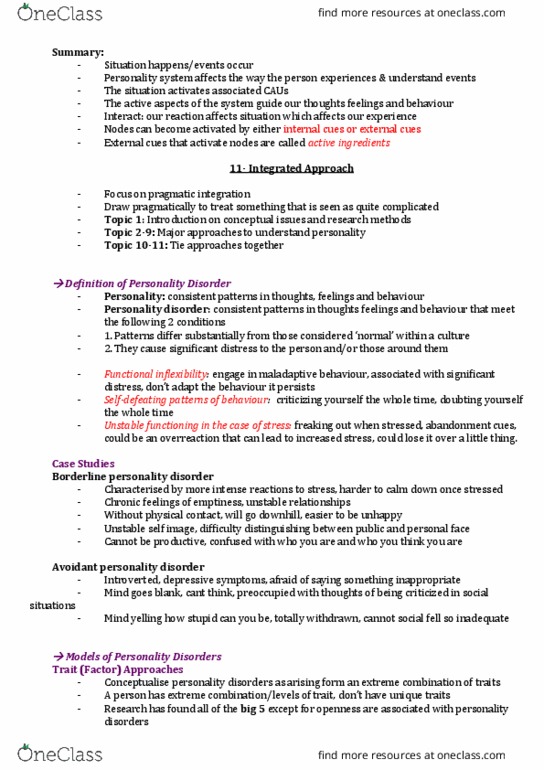 HPS307 Lecture Notes - Lecture 11: Agreeableness, Antisocial Personality Disorder, Cognitive Therapy thumbnail