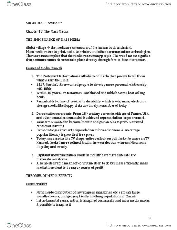 SOCA01H3 Lecture Notes - Lecture 8: Rogers Communications, Rogers Plus, Mass Media thumbnail