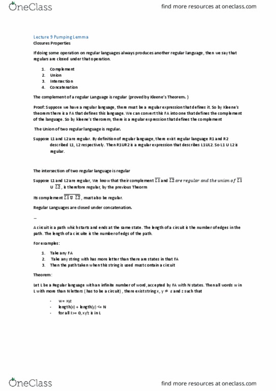 FIT2014 Lecture Notes - Lecture 9: Regular Language, Regular Expression, Concatenation thumbnail