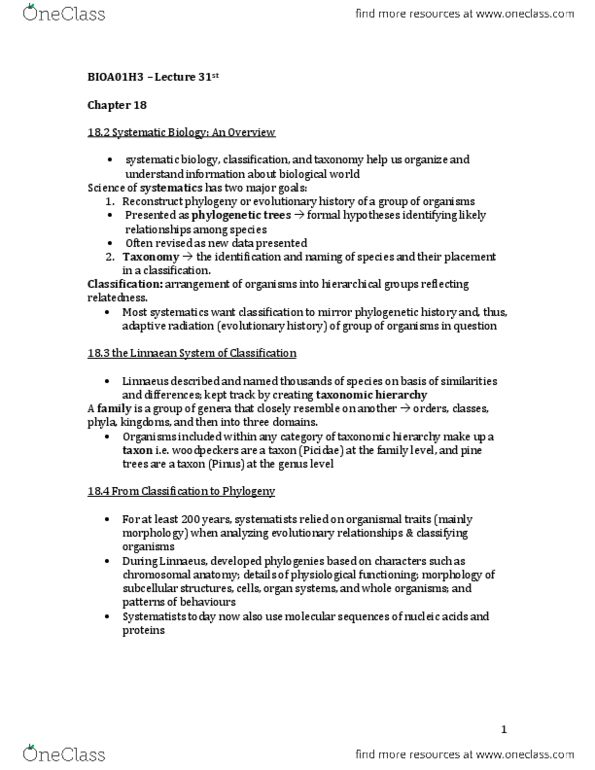 BIOA01H3 Chapter Notes -Molecular Phylogenetics, Molecular Clock, Evolutionary Taxonomy thumbnail