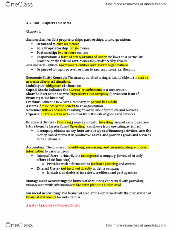 ACC 100 Chapter Notes - Chapter 1-2: Balance Sheet, Promissory Note, Current Liability thumbnail