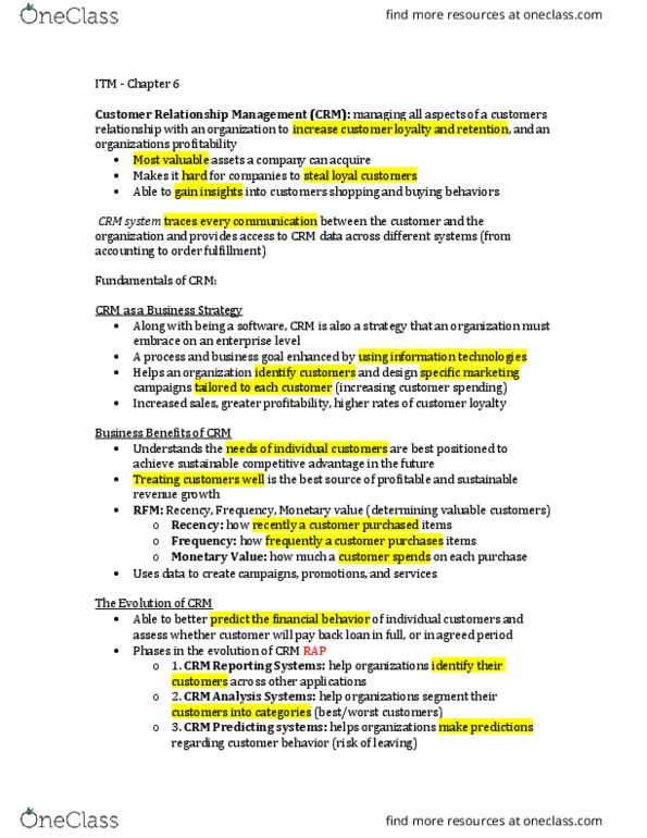 ITM 102 Chapter Notes - Chapter 6: Business Intelligence, Sales Force Management System, Upselling thumbnail