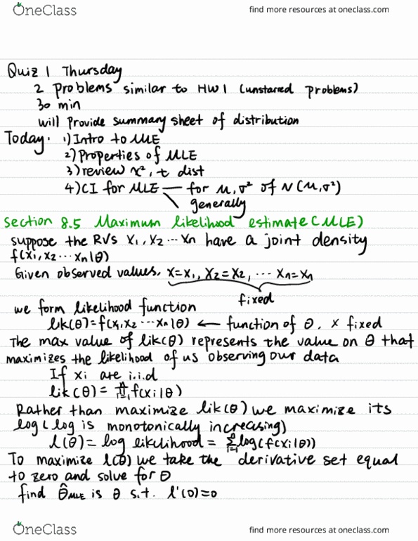 STAT 135 Lecture Notes - Lecture 7: Maximum Likelihood Estimation, Likelihood Function, Xz thumbnail