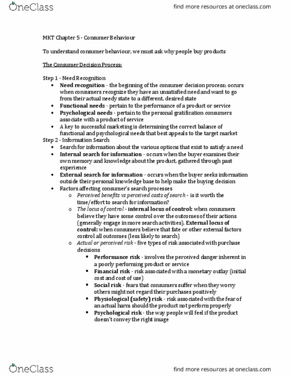 MKT 100 Chapter Notes - Chapter 5: Impulse Purchase, Cognitive Dissonance, Customer Satisfaction thumbnail