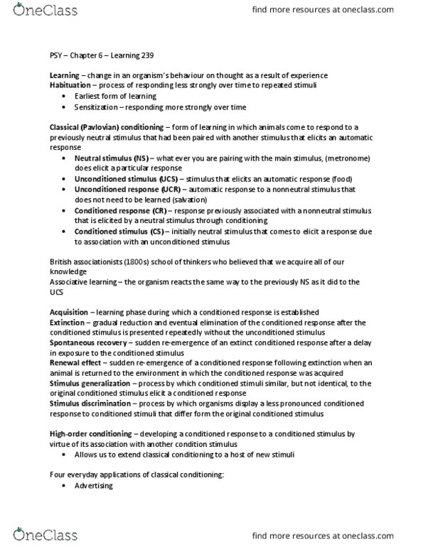 PSY 102 Chapter Notes - Chapter 6: Operant Conditioning Chamber, Operant Conditioning, Latent Inhibition thumbnail