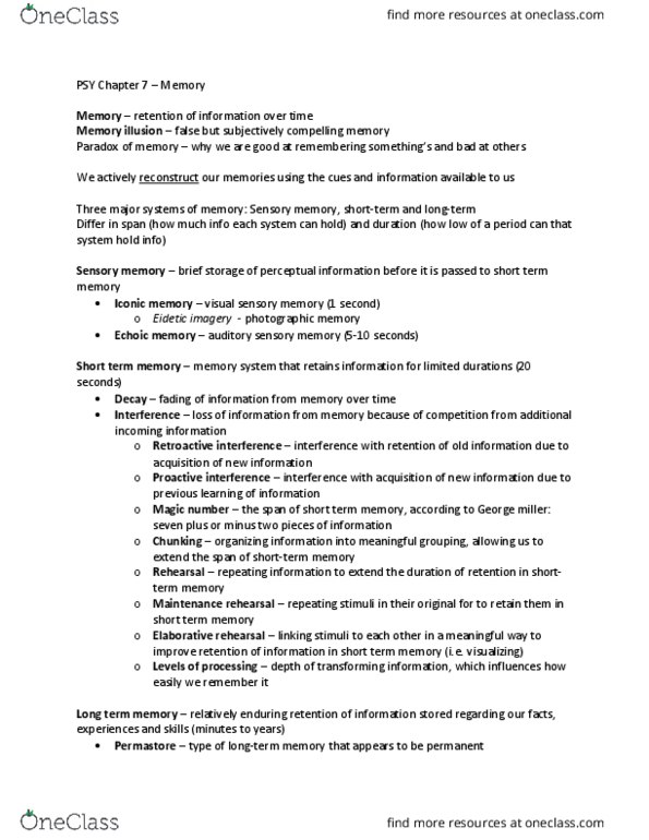 PSY 102 Chapter Notes - Chapter 7: Mnemonic, Explicit Memory, Procedural Memory thumbnail