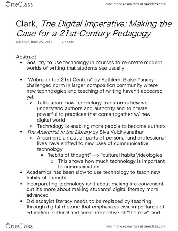 EDUC 30 Chapter article: Clark, The Digital Imperative Making the Case for a 21st-Century Pedagogy thumbnail