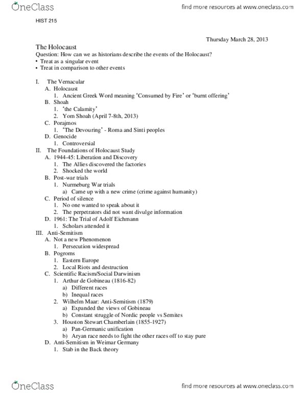 HIST 215 Lecture Notes - Arthur De Gobineau, Houston Stewart Chamberlain, Adolf Eichmann thumbnail